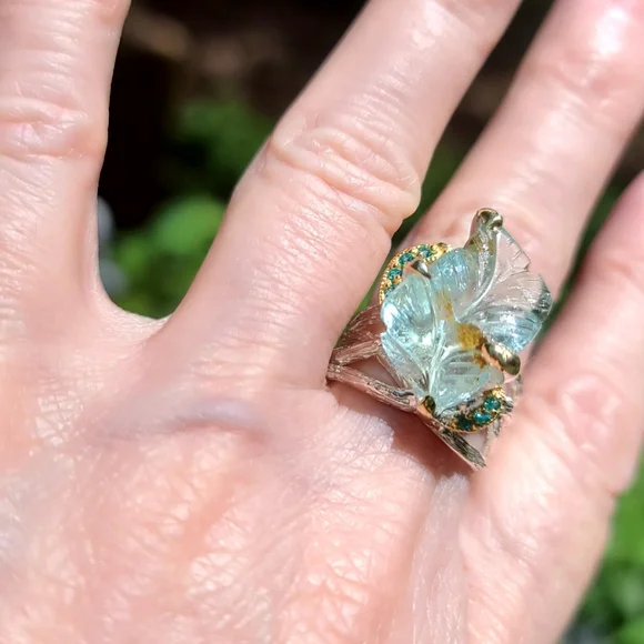 Aquamarine leaf carved gemstone & Topaz Sterling ring sz7.5 - Picture 10 of 10